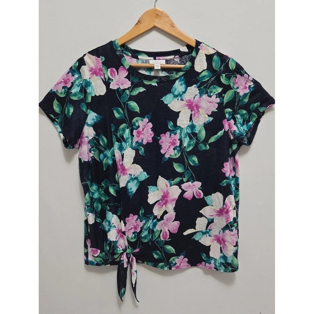 J. Jill Top Women M Navy Blue Floral Love Linen Short Sleeve Front Tie Hem